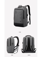 Light grey travel backpack shown from side and back with shoulder straps