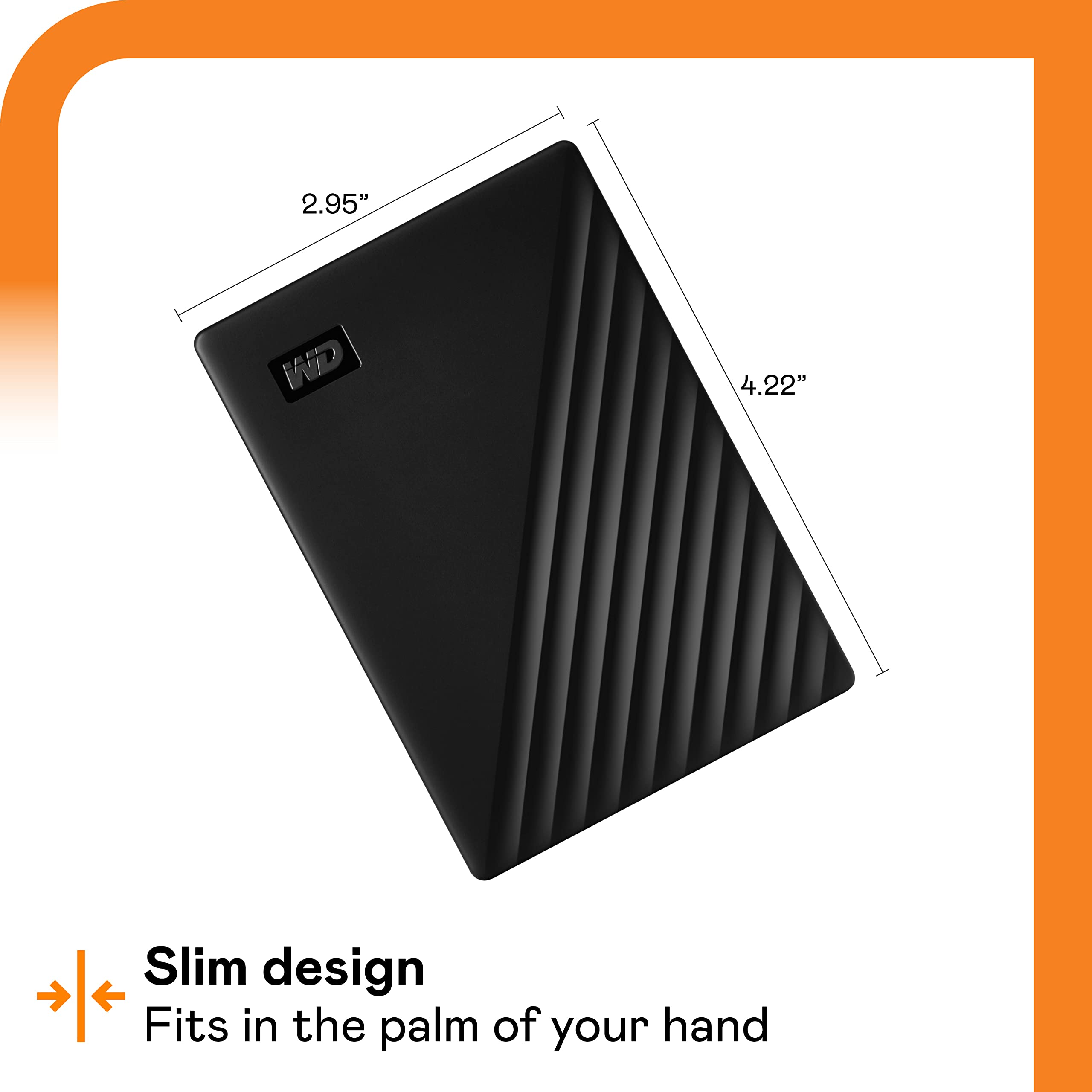Western Digital portable hard drive for laptop with slim black design and compact size