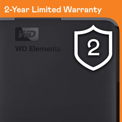 Western Digital WD Elements external hard drive showing 2-year limited warranty for reliable backup storage device