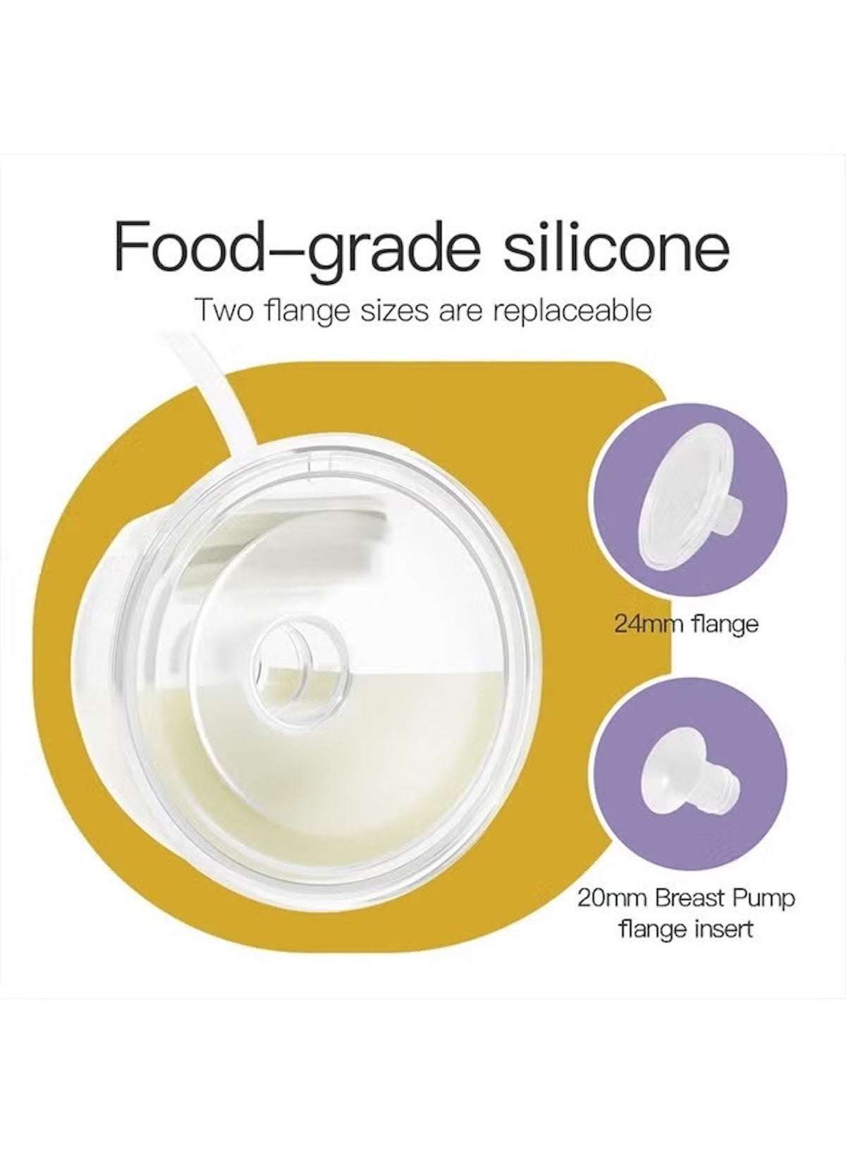 Phanpy wearable breast pump milk collector with replaceable food-grade silicone flanges in 20mm and 24mm sizes