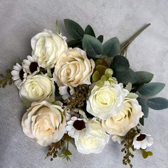 Huitich wedding centerpiece artificial flowers featuring cream and white roses with green leaves