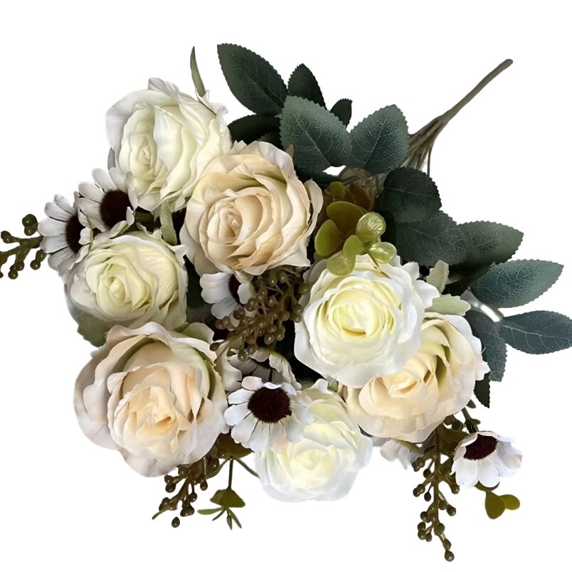 Huitich wedding centerpiece artificial flowers with cream roses and white daisies floral decor