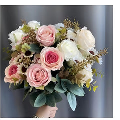 Huitich wedding centerpiece artificial flowers bouquet with pink and white roses and green foliage