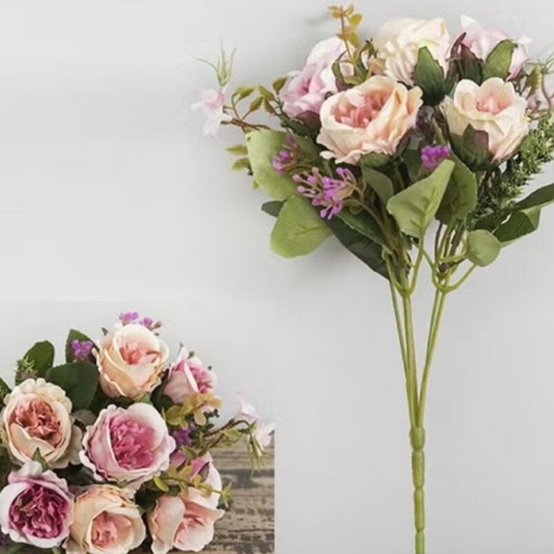 Huitich wedding light pink artificial roses bouquet with green leaves and small purple flowers