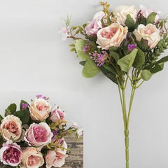 Huitich wedding light pink artificial roses bouquet with green leaves and small purple flowers