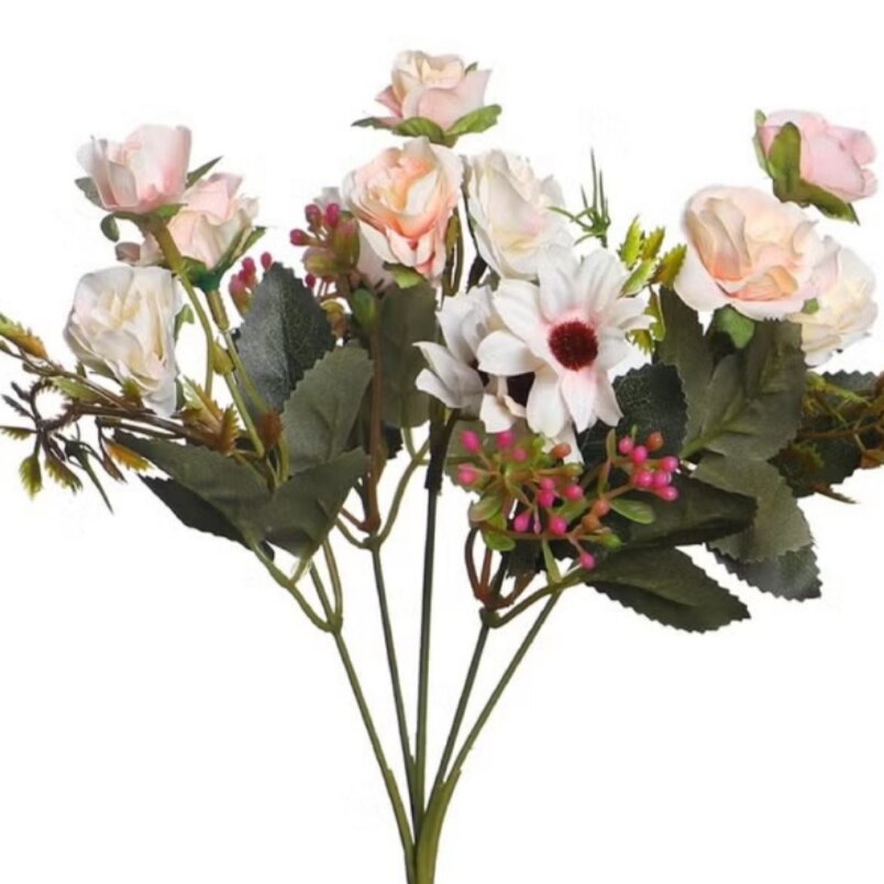 Huitich wedding light pink artificial roses bouquet with green leaves and small white flowers
