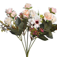 Huitich wedding light pink artificial roses bouquet with green leaves and small white flowers