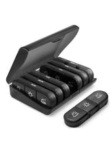 Black 7-day portable pill organizer with open hinged lid and three time compartments