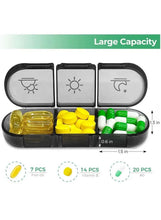 Black weekly pill organizer open with three large sections and day-of-week icons