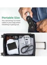 Black weekly pill organizer case with multiple compartments and open lid