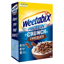 Weetabix Protein Crunch chocolate cereal box, 450g with front and side artwork
