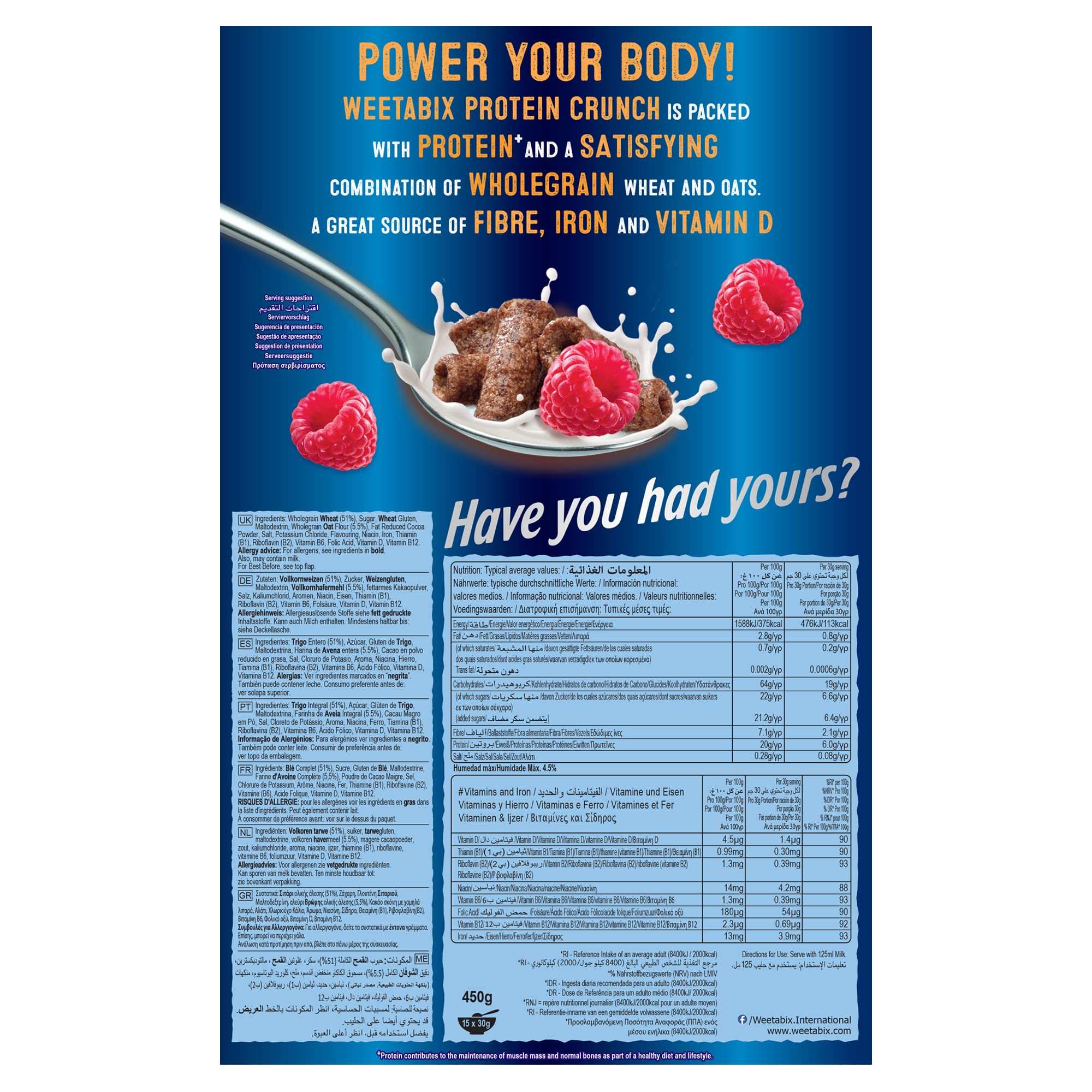 Weetabix Protein Crunch Chocolate 450g box showing spoon of chocolate cereal with milk and raspberries on blue background