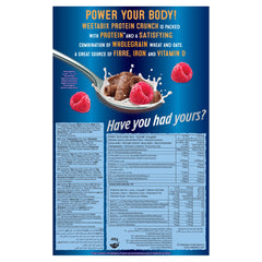 Weetabix Protein Crunch Chocolate 450g box showing spoon of chocolate cereal with milk and raspberries on blue background