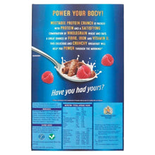 Weetabix protein crunch chocolate cereal box, blue back with nutrition facts and berries