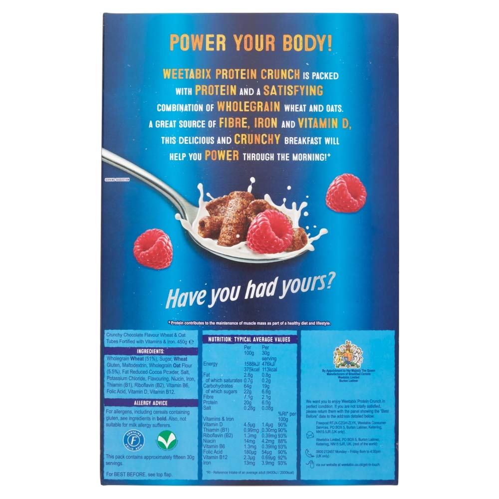 Weetabix Protein Crunch Chocolate 450g cereal box back showing spoonful of cereal, milk splash, raspberries and nutrition panel