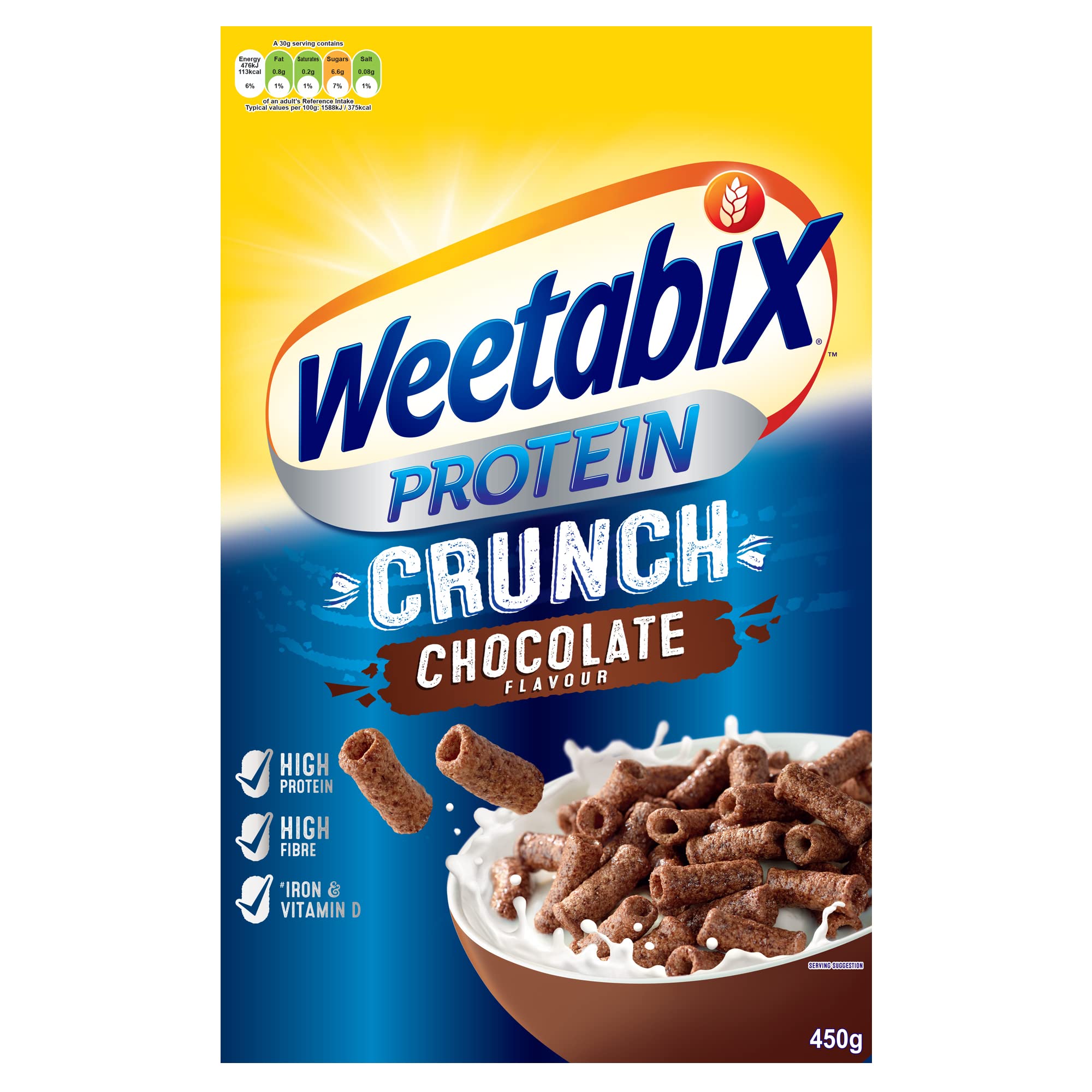 Weetabix Protein Crunch Chocolate 450g cereal box showing chocolate crunchy cereal in bowl with milk splash