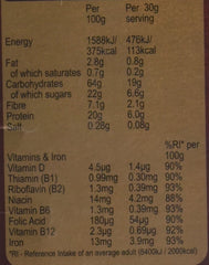 Weetabix Protein Crunch Chocolate 450g nutrition label per 100g and 30g showing energy fat carbs protein and vitamins