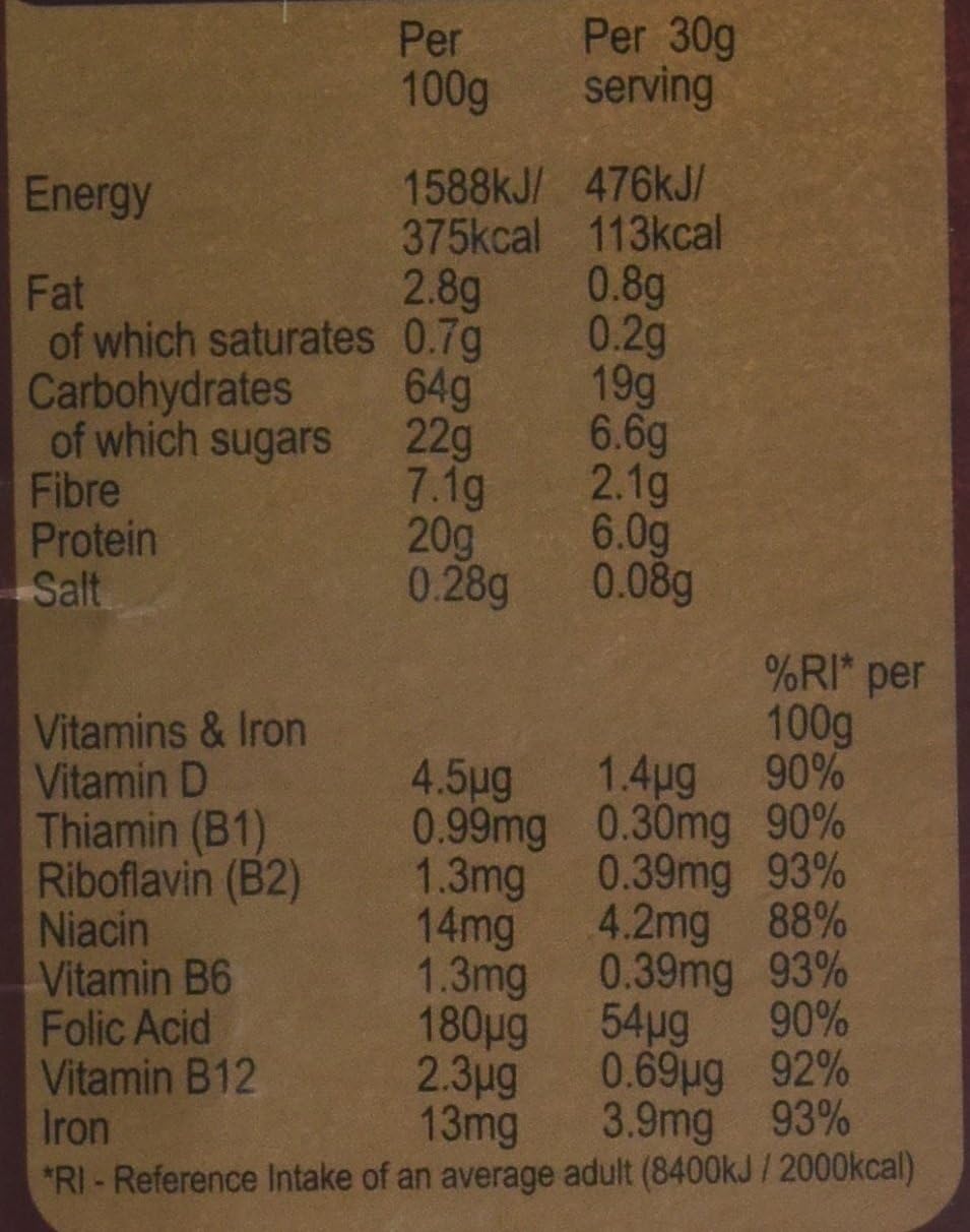 Weetabix Protein Crunch Chocolate 450g nutrition panel showing 100g and 30g serving energy fat carbs protein fiber vitamins iron