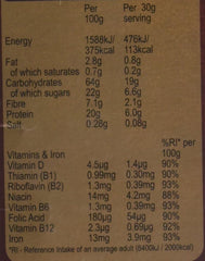 Weetabix Protein Crunch Chocolate 450g nutrition panel showing 100g and 30g serving energy fat carbs protein fiber vitamins iron