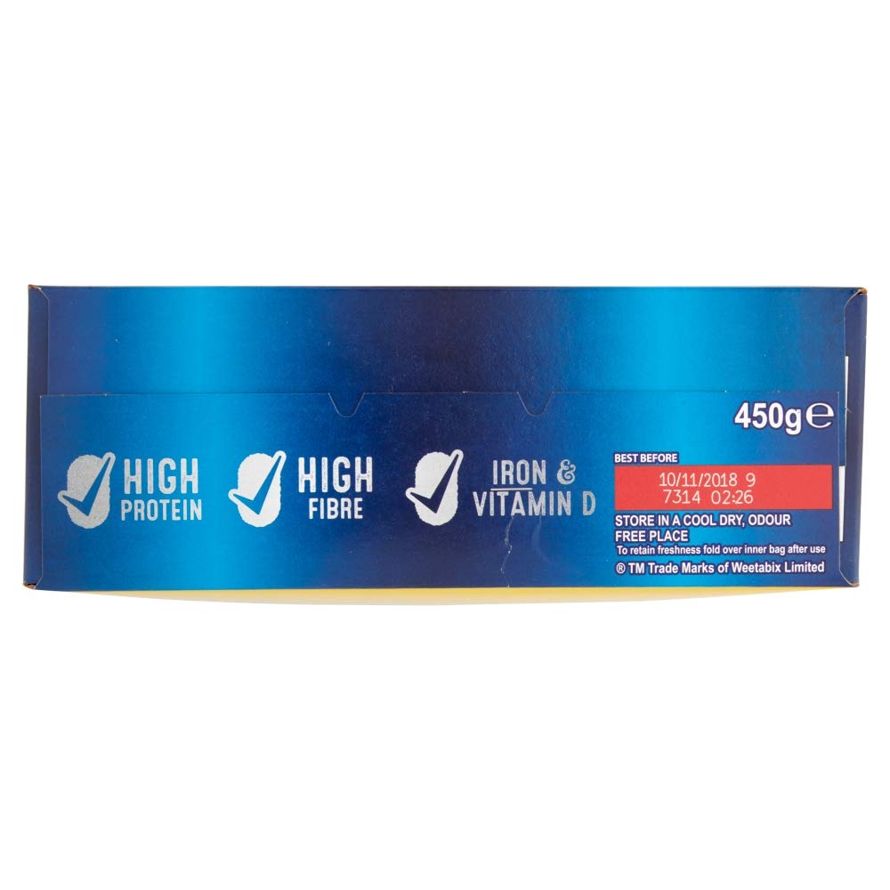Weetabix Protein Crunch Chocolate 450g box side panel showing high protein high fibre iron and vitamin D
