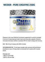 Creatine powder tub with Pure Creatine 250 g label and usage directions panel