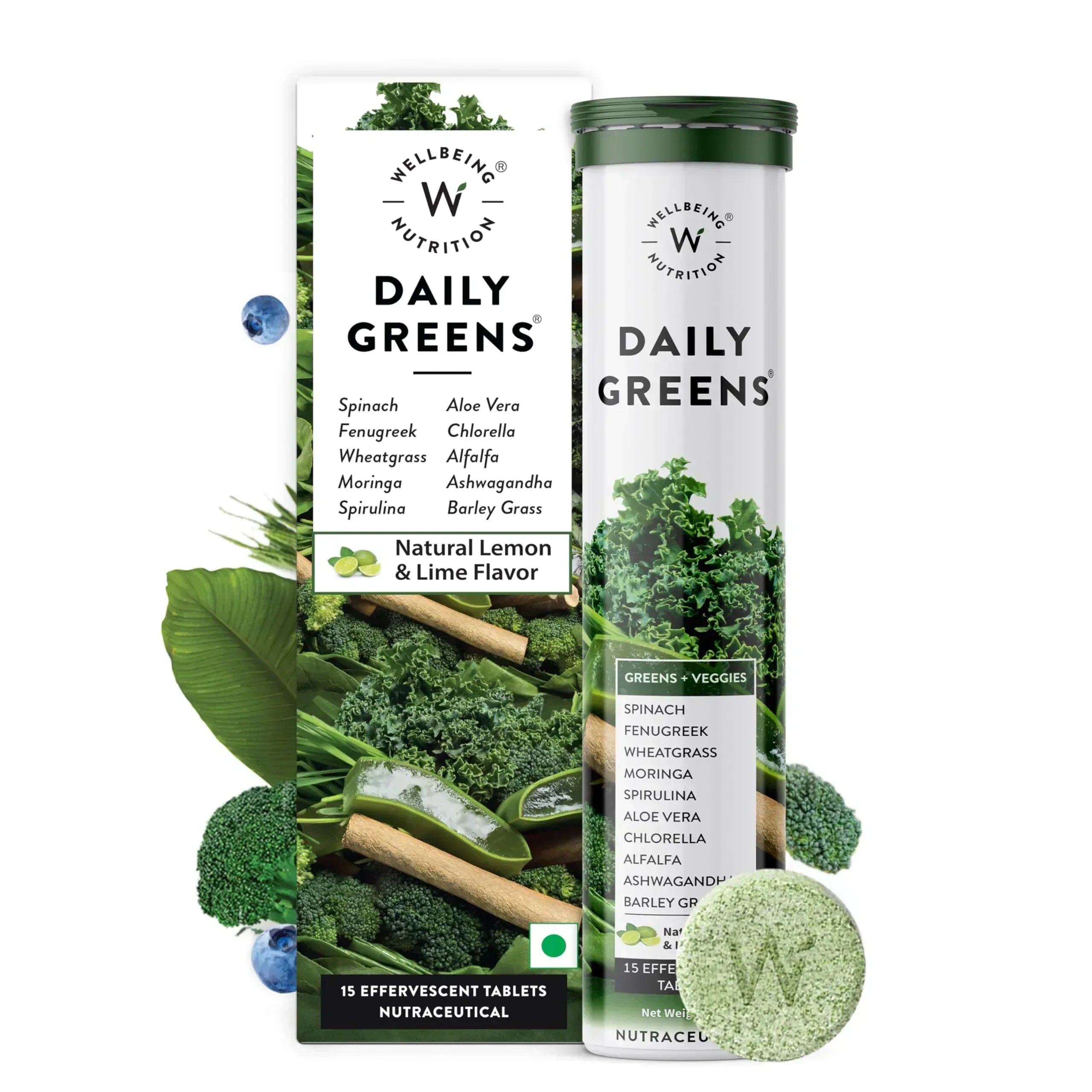 WELLBEING NUTRITION Daily Greens, Wholefood Multivitamin with Vitamin C, Zinc, B6, B12 for Immunity and Detox with 39+ Organic Certified Plant Superfoods & Antioxidants(15Tabs x 2) (63 g (Pack of 2)) - Mumzar