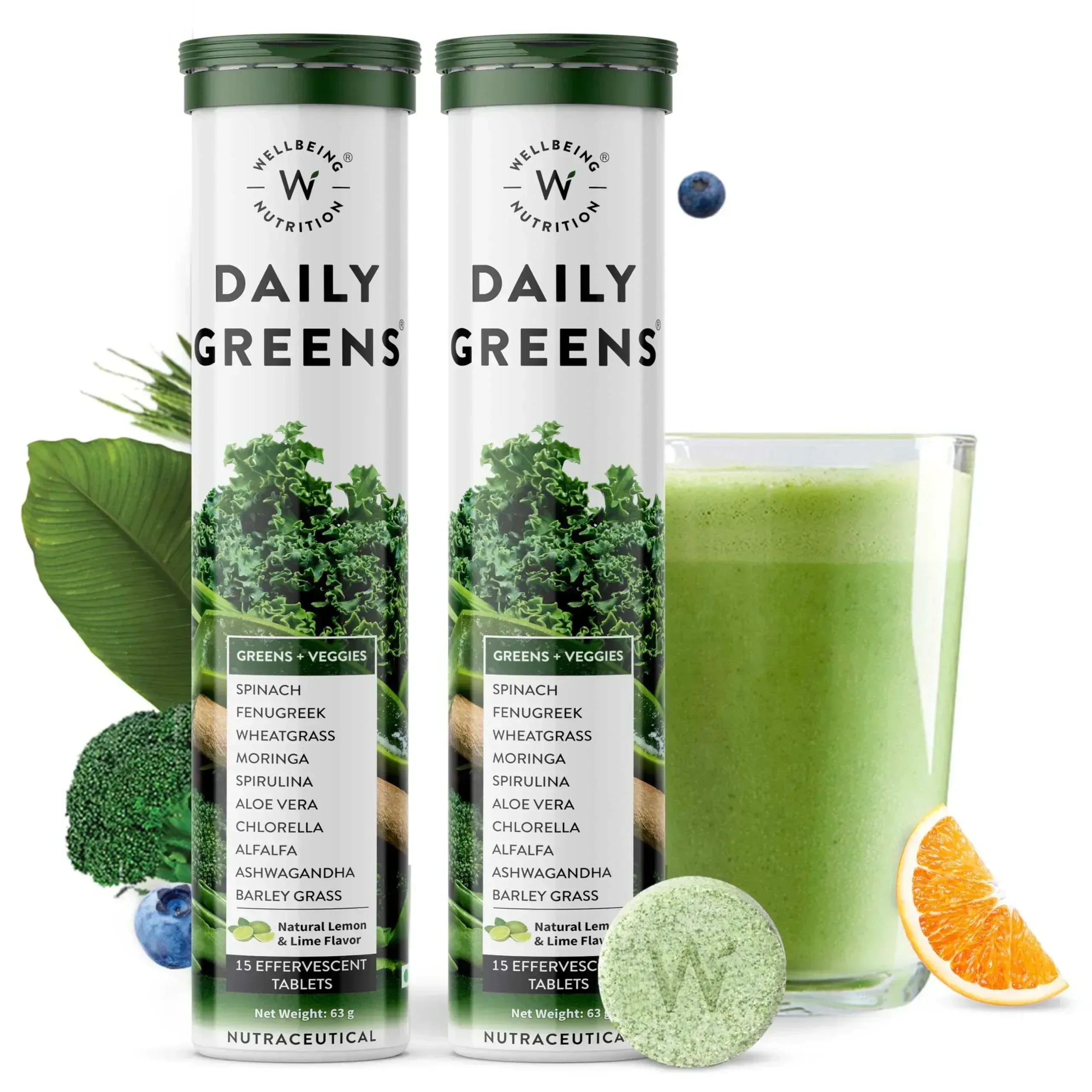 WELLBEING NUTRITION Daily Greens, Wholefood Multivitamin with Vitamin C, Zinc, B6, B12 for Immunity and Detox with 39+ Organic Certified Plant Superfoods & Antioxidants(15Tabs x 2) (63 g (Pack of 2)) - Mumzar