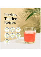 Apple cider vinegar effervescent supplement panel with glass of orange drink and feature icons
