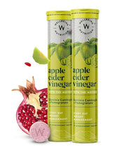 Apple cider vinegar supplement bottles with green caps and apple and pomegranate label graphics