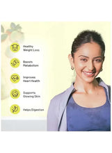 Apple cider vinegar supplement wellness icons beside smiling woman