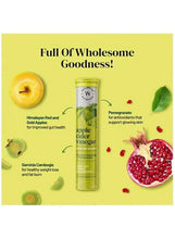 Apple cider vinegar supplement bottle on yellow panel with apple, pomegranate, and health icons