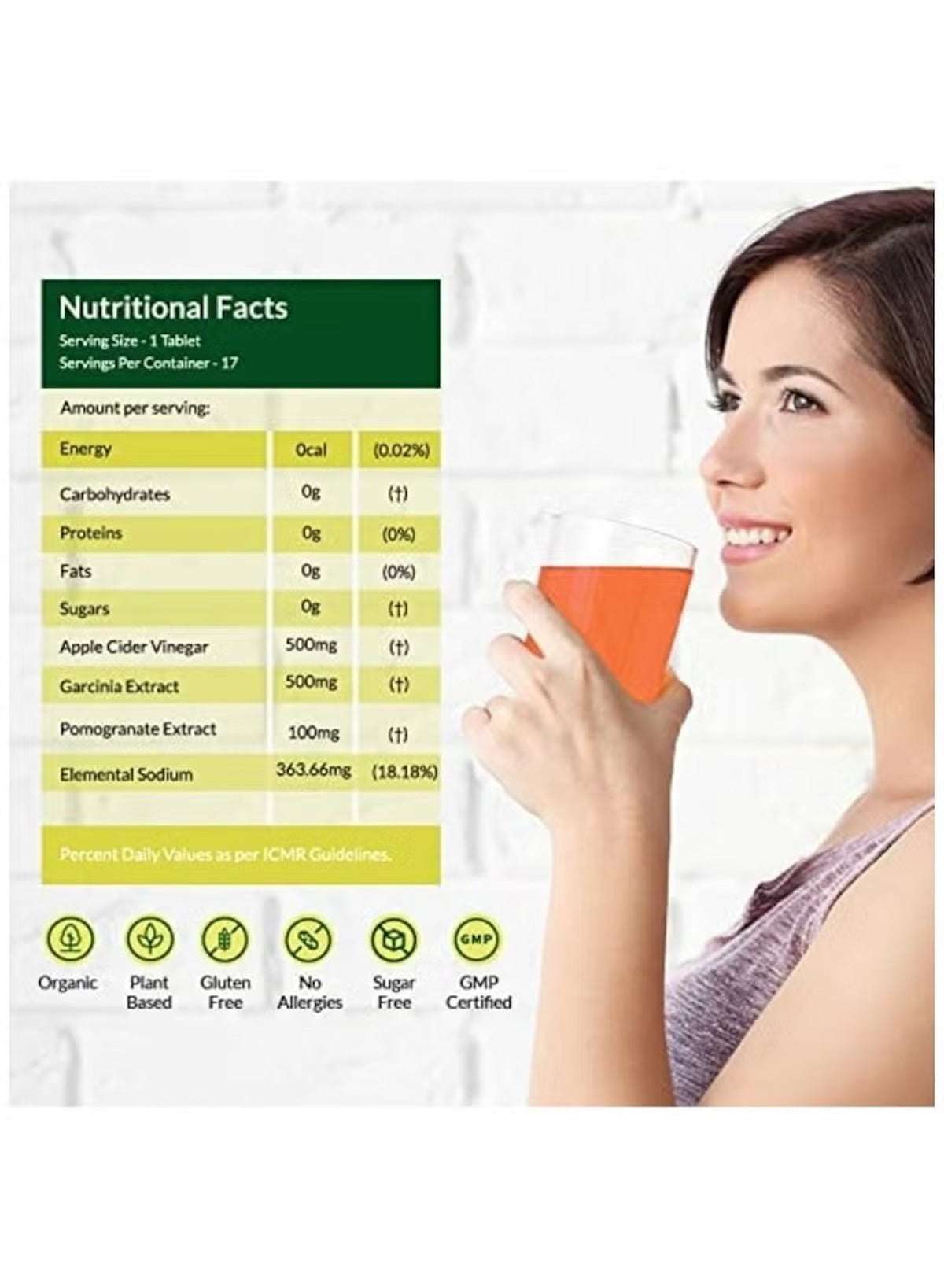Wellbeing Nutrition apple cider vinegar effervescent tablets with nutritional facts displayed in background
