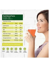 Apple cider vinegar supplement nutrition facts beside woman holding orange drink