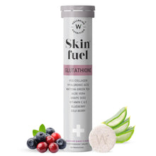 Collagen supplement bottle with glutathione label and berry ingredient icons