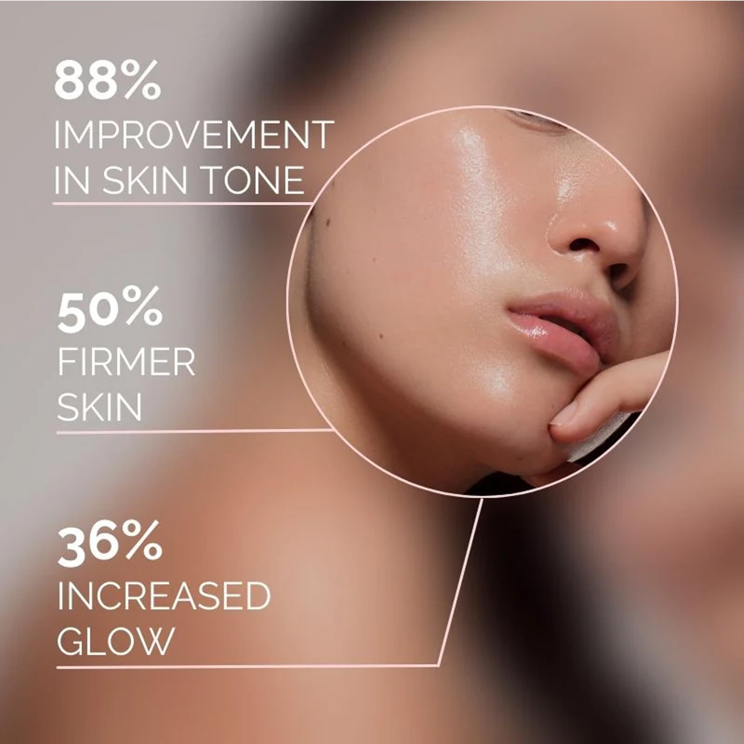 Glowing close up of woman 88 percent better skin tone 50 percent firmer skin 36 percent more glow collagen builder supplement UAE