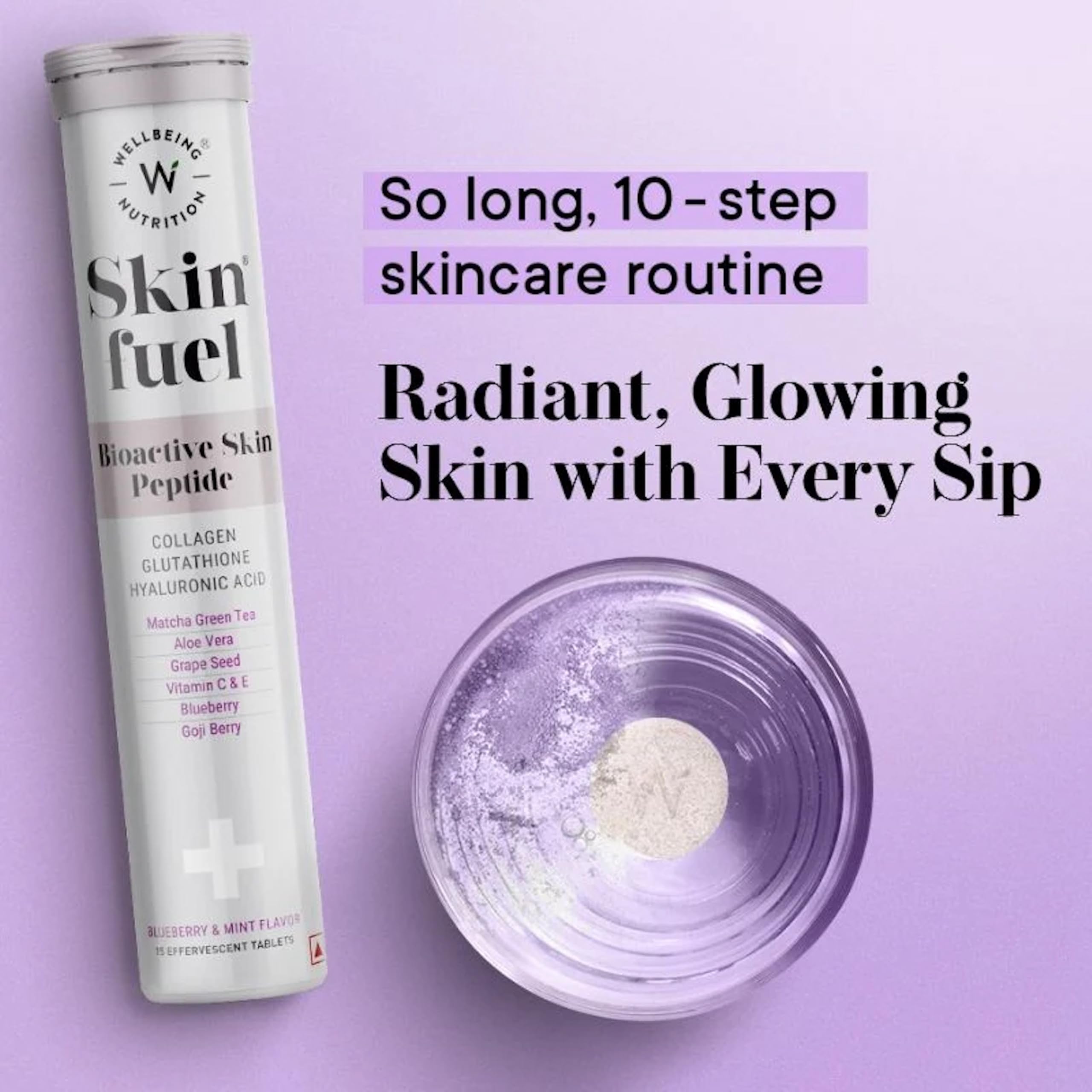 Wellbeing Nutrition Skin Fuel effervescent tablet dissolving in glass for radiant skin collagen builder supplement UAE