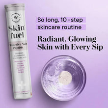 Collagen supplement bottle with skincare routine text and tablet illustration
