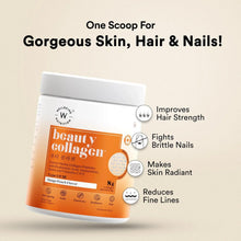 Beauty collagen peptides supplement jar, mango peach flavor, with icons for hair, nails, skin