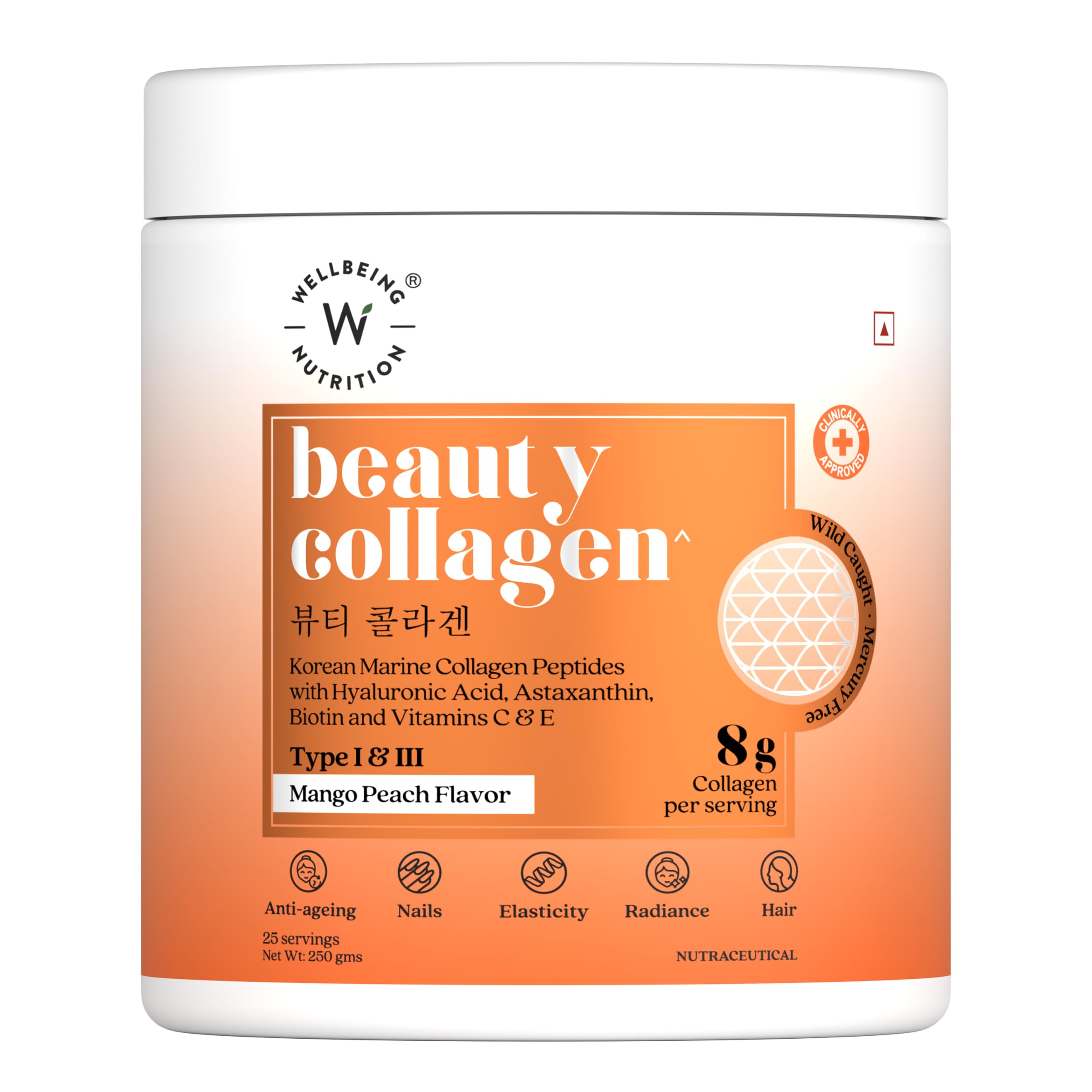 Wellbeing Nutrition beauty collagen jar Korean marine collagen peptides supplement mango peach flavor 8g per serving
