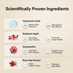 Korean marine collagen peptides supplement ingredient chart showing hyaluronic acid astaxanthin rose hip benefits