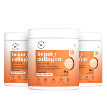 Beauty collagen peptides supplement jar, mango peach flavor, three-pack with front labels