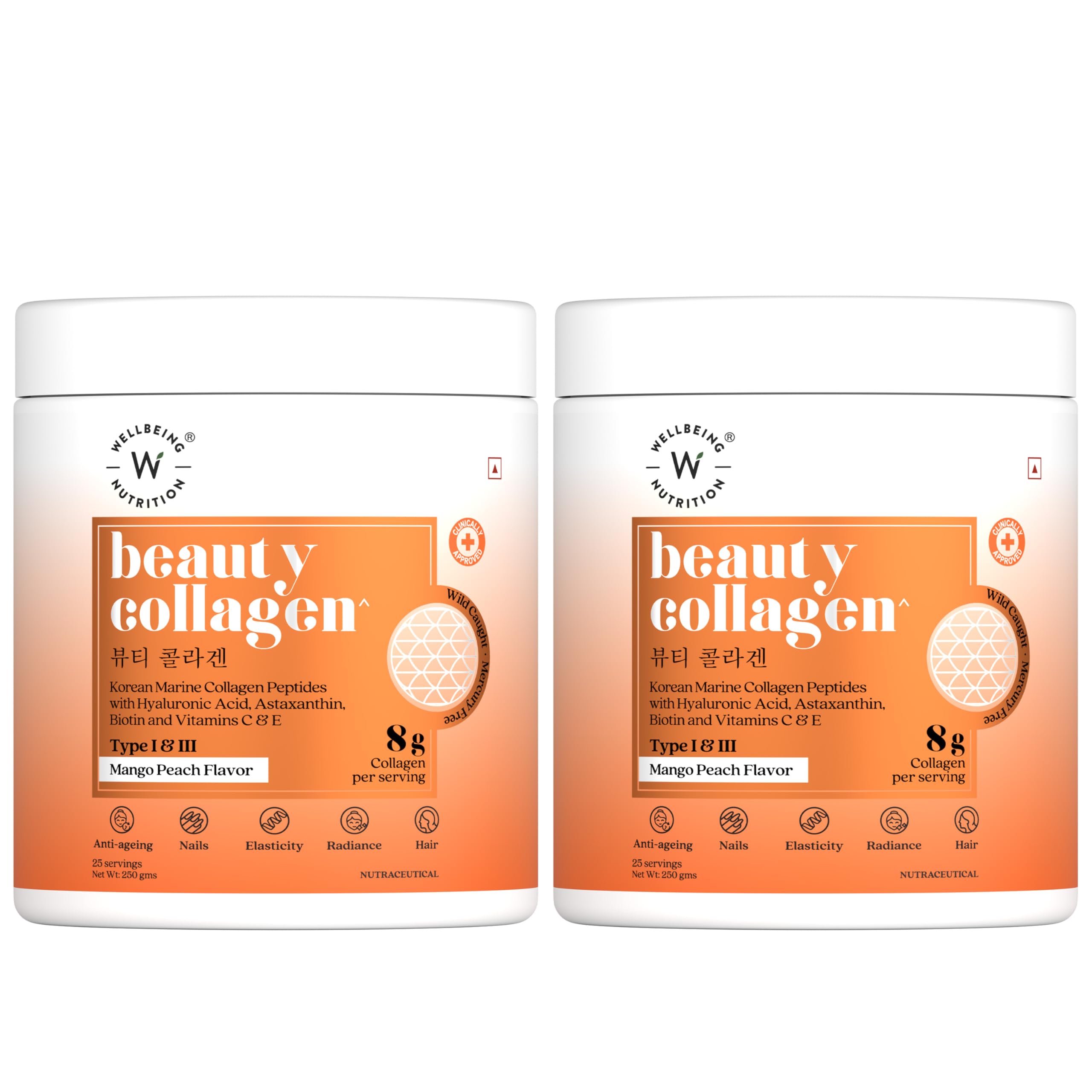Wellbeing Nutrition beauty collagen jars Mango Peach flavor Korean marine collagen peptides supplement twin pack