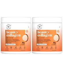 Beauty collagen peptides supplement jar, mango peach flavor, front label, two-pack view