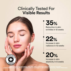 Korean marine collagen powder UAE image of a woman and clinically tested visible results with percent improvement stats