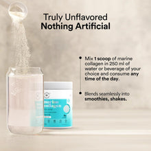 Unflavored marine collagen powder tub with scoop mixing instructions