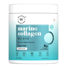 Marine collagen powder tub, unflavored, turquoise label on white container