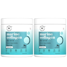 Two marine collagen powder tubs, unflavored, turquoise labels on white containers