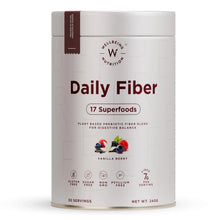 White fiber supplement powder canister, maroon label, vanilla berry, 30 servings