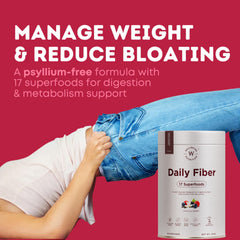 Wellbeing Nutrition organic daily fiber powder tub beside person easing into jeans with weight loss message