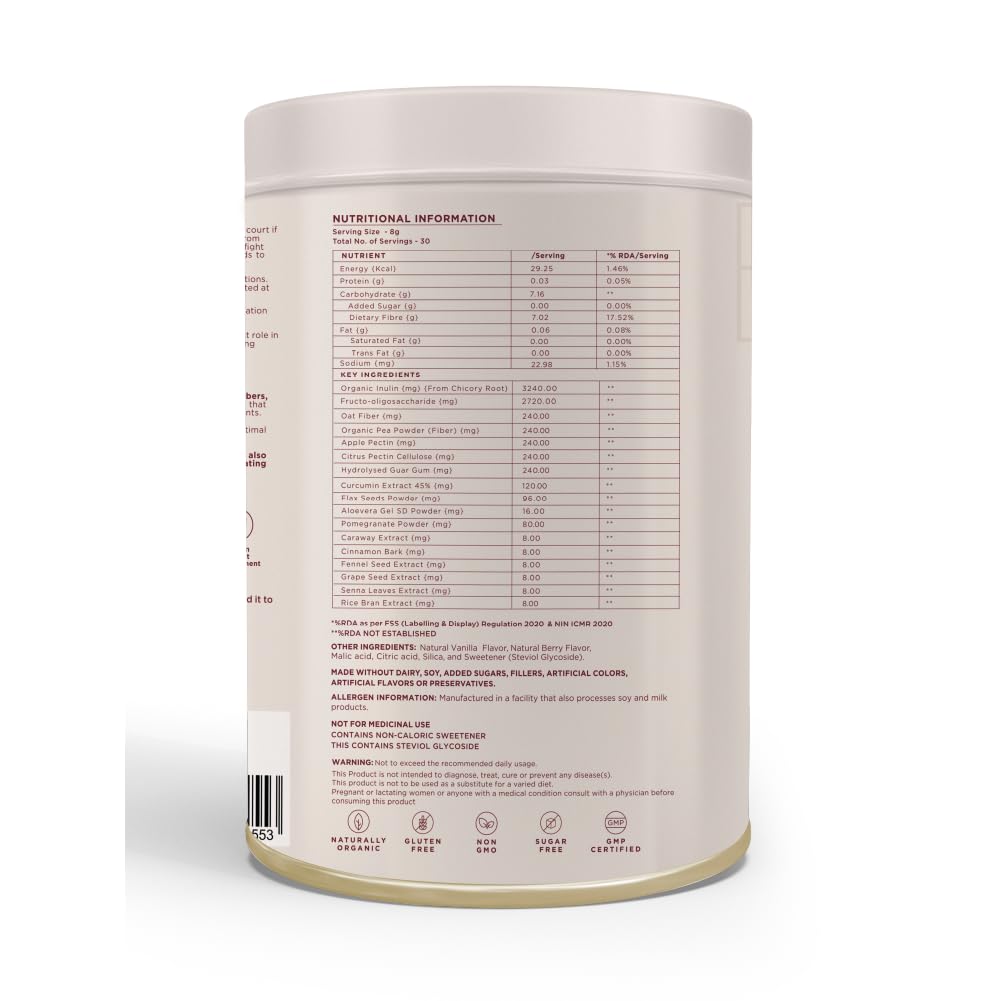 Wellbeing Nutrition organic daily fiber powder in beige tub showing nutrition facts and ingredients label
